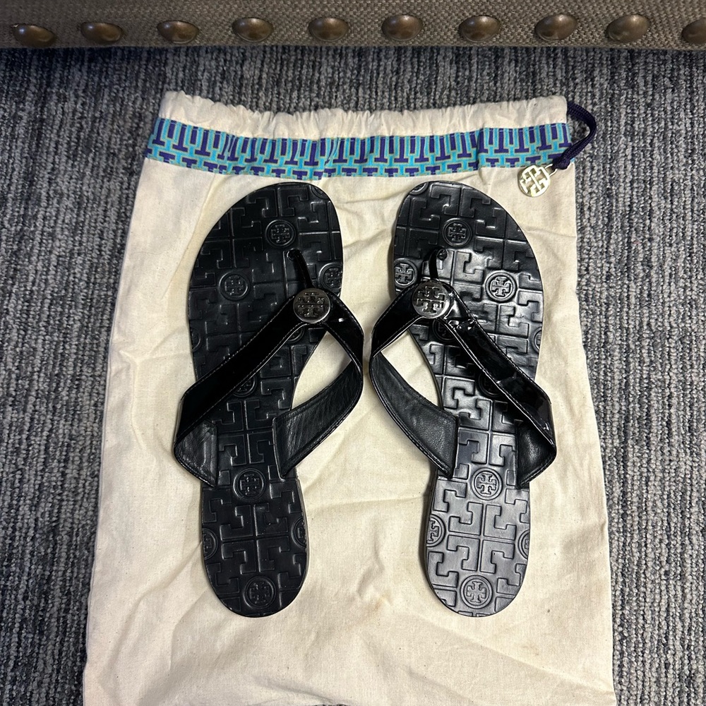 Tory Burch patent leather flip flops